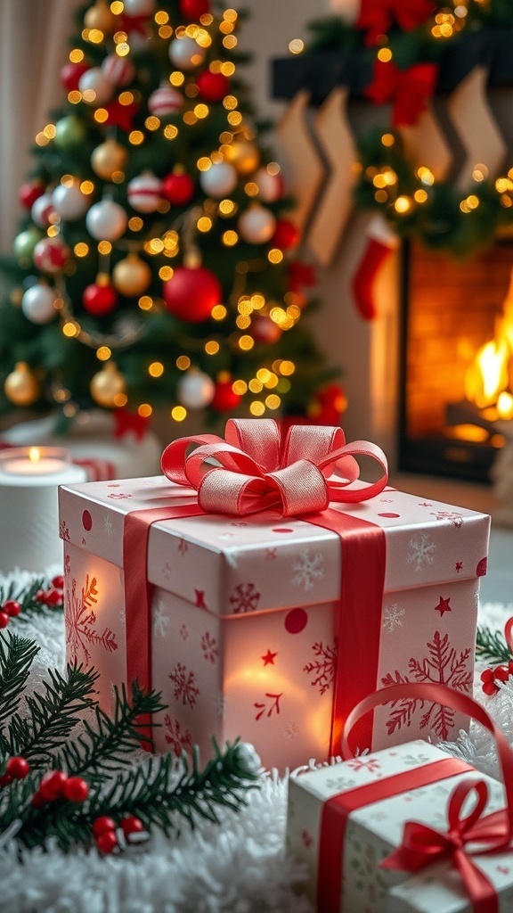 A festive Christmas gift box with decorations and a Christmas tree in the background.